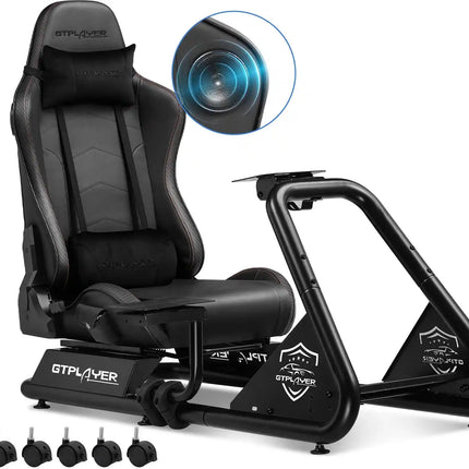 GTPLAYER Simulator Cockpit, Sim Racing Cockpit, стойка за волан за състезателен симулатор с високоговорители, волан и рафт за педали