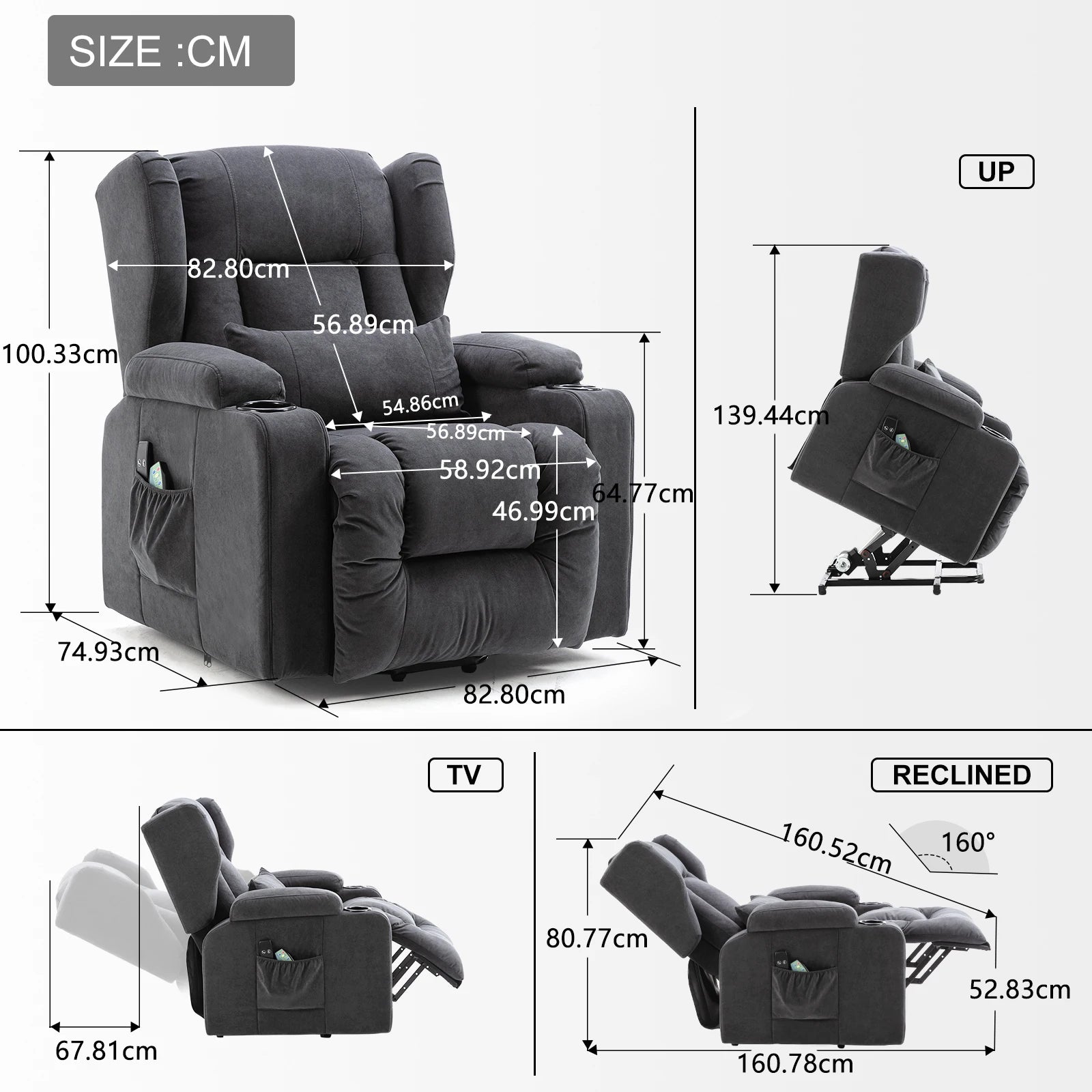 COMHOMA Релакс фотьойл, Масажен фотьойл с плат, Електрически ТВ фотьойл с функция за накланяне, Стоящ фотьойл