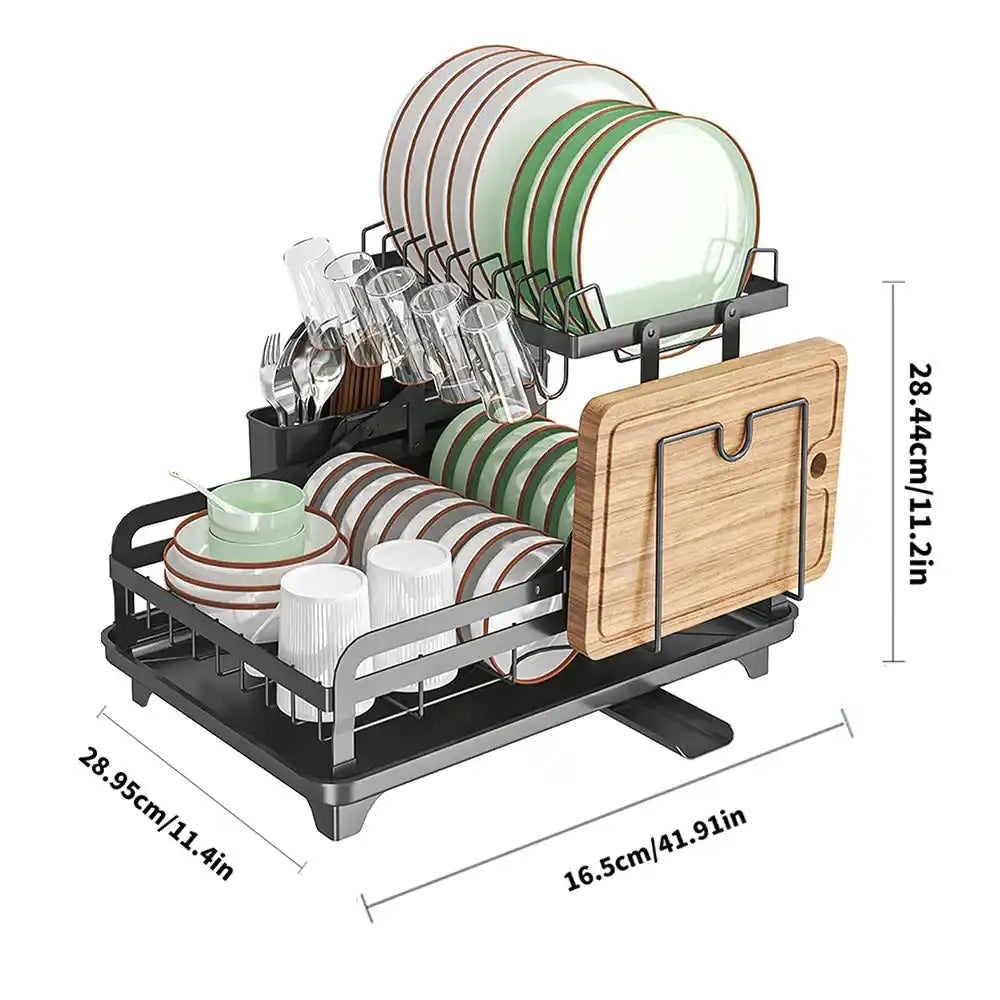 2-слойна стойка за сушене на съдове с дъска за отцеждане, домакински държач за съхранение на съдове, кухненски органайзер за мивка от въглеродна стомана с държач за прибори за хранене