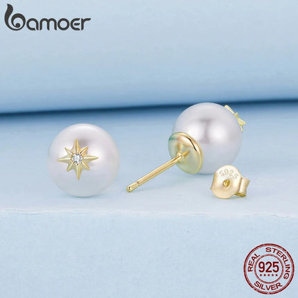 Сребърни обеци BAMOER 925 с перлени звезди, кръгли, изящни обеци за жени, елегантни, за ежедневни подаръци от 18K злато
