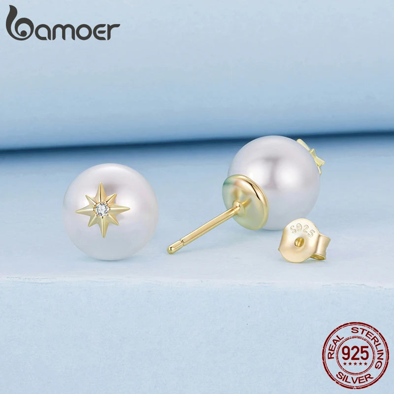 Сребърни обеци BAMOER 925 с перлени звезди, кръгли, изящни обеци за жени, елегантни, за ежедневни подаръци от 18K злато