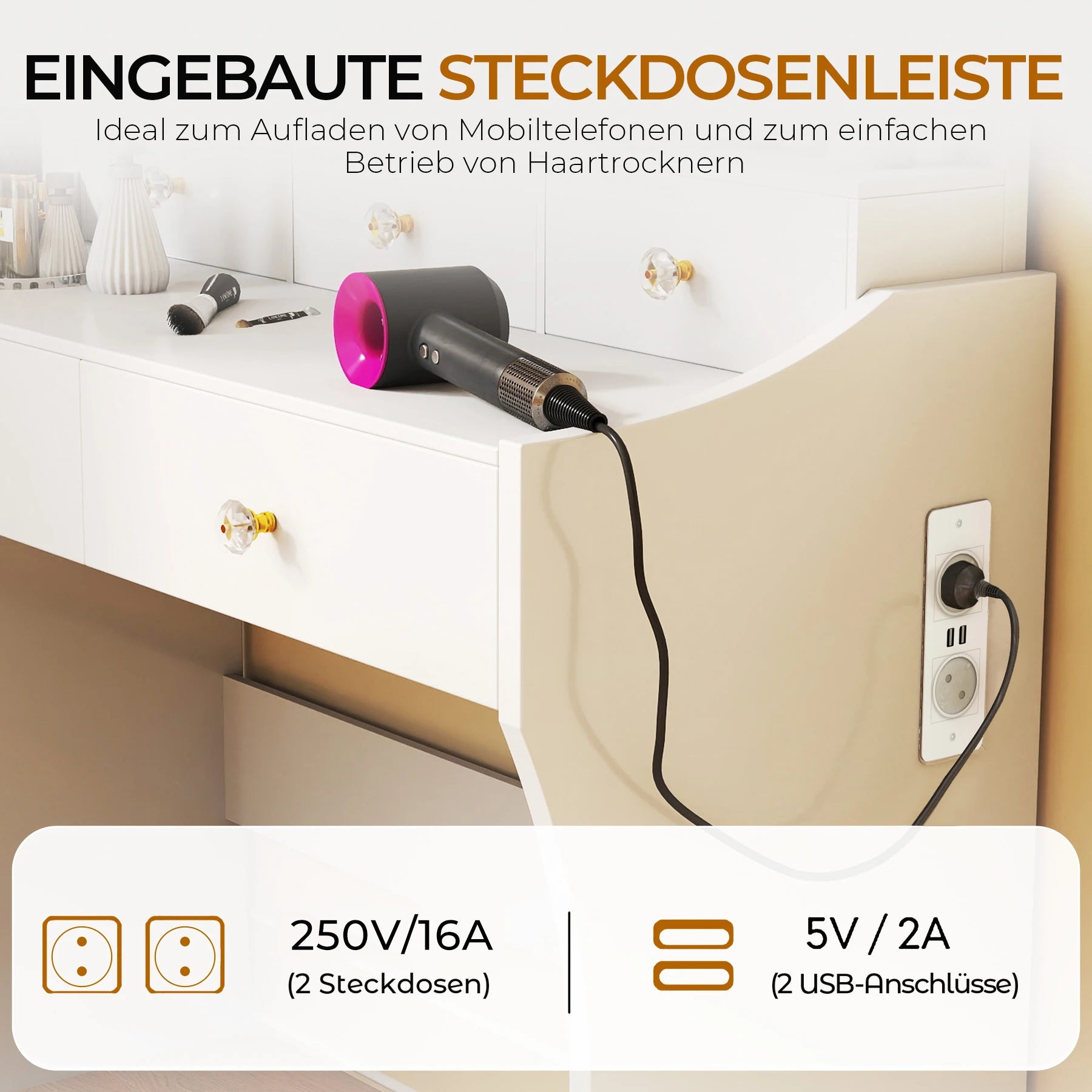 Тоалетка COMHOMA, тоалетка E с осветление и 5 чекмеджета, с регулируемо LED осветление и контакти