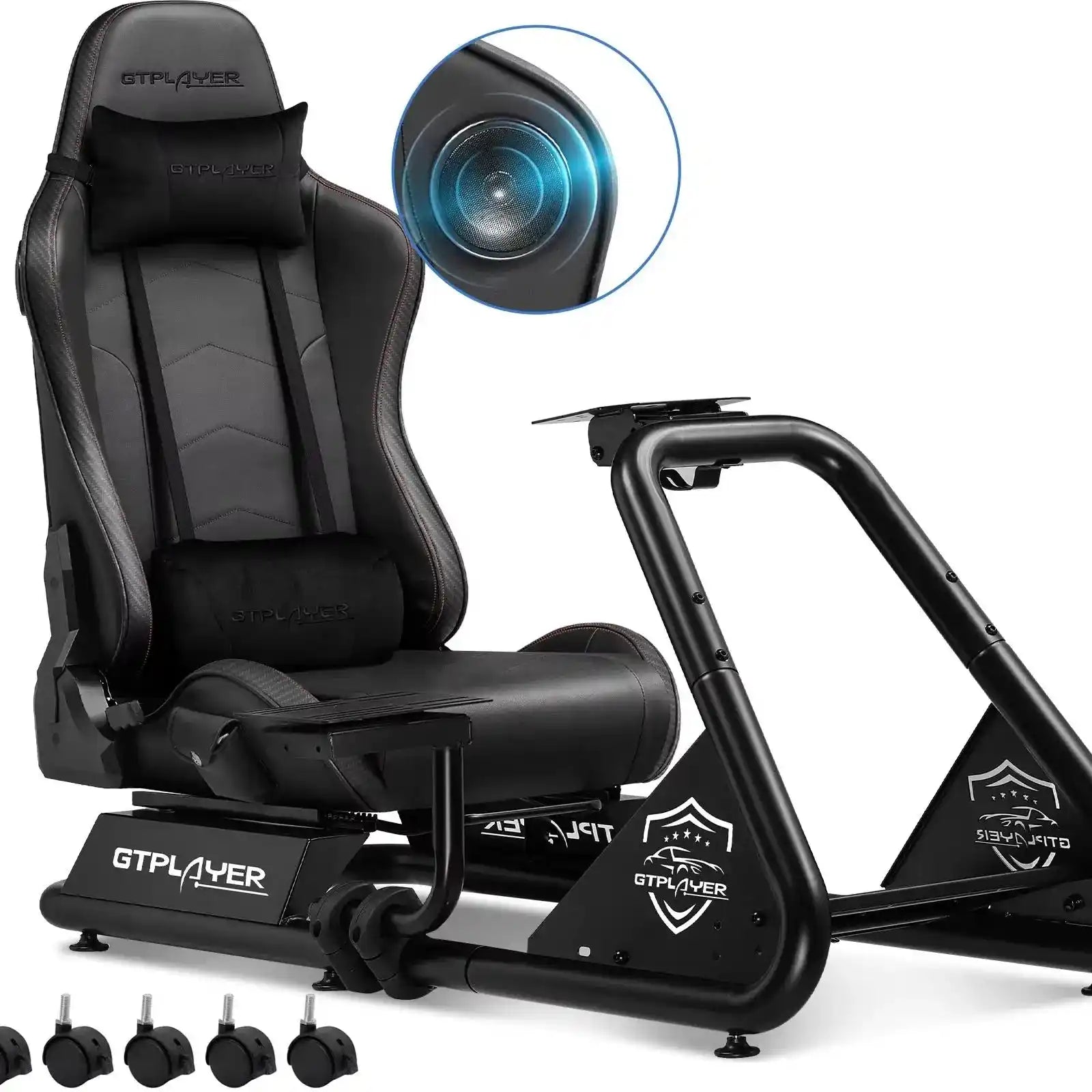 GTPLAYER Simulator Cockpit, Sim Racing Cockpit, стойка за волан за състезателен симулатор с високоговорители, волан и рафт за педали