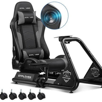 GTPLAYER Simulator Cockpit, Sim Racing Cockpit, стойка за волан за състезателен симулатор с високоговорители, волан и рафт за педали
