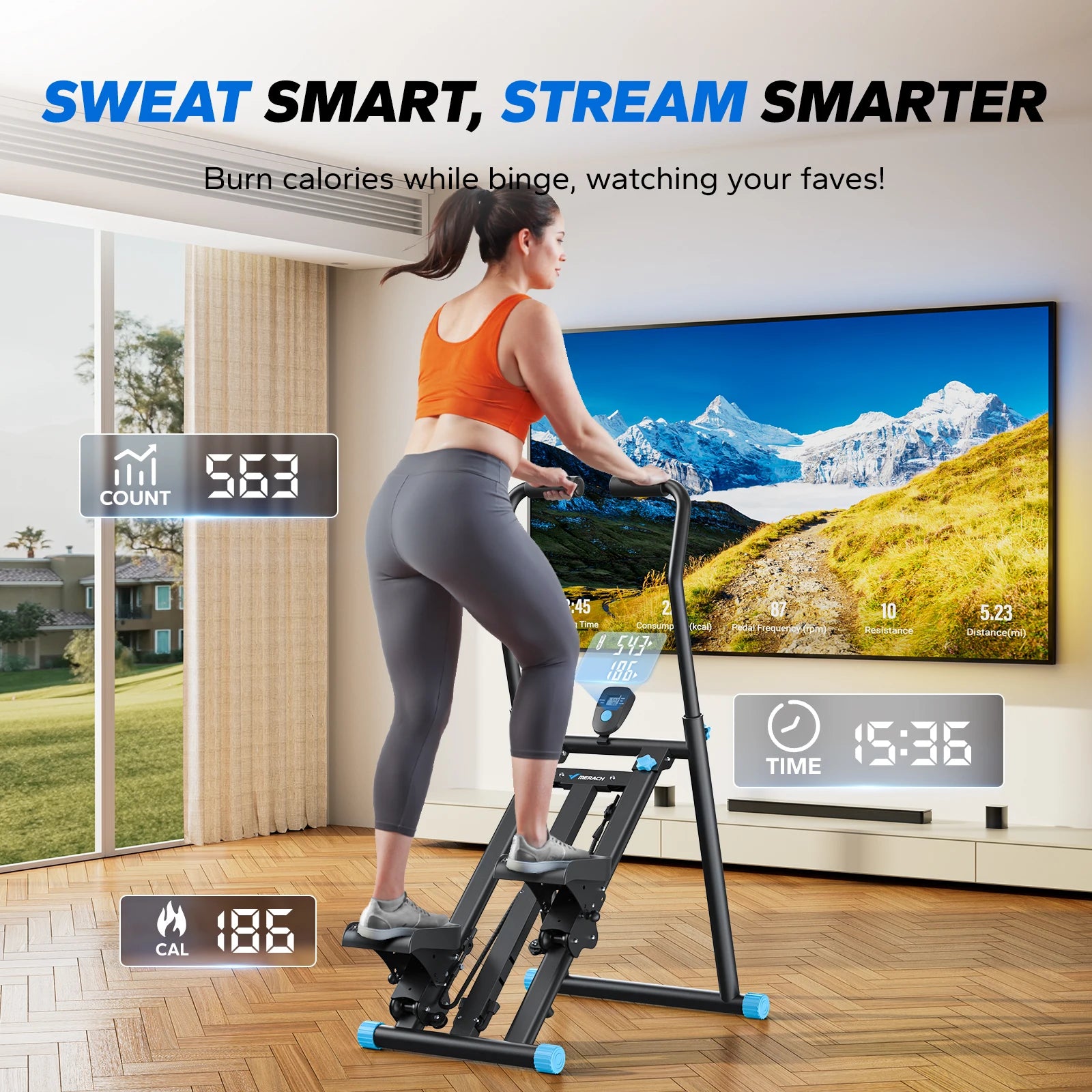 MERACH Степер за стълби, нова версия, вертикален, компактен, сгъваем, катерач за упражнения с удължен обхват на стъпалото, регулируеми кормила и педали