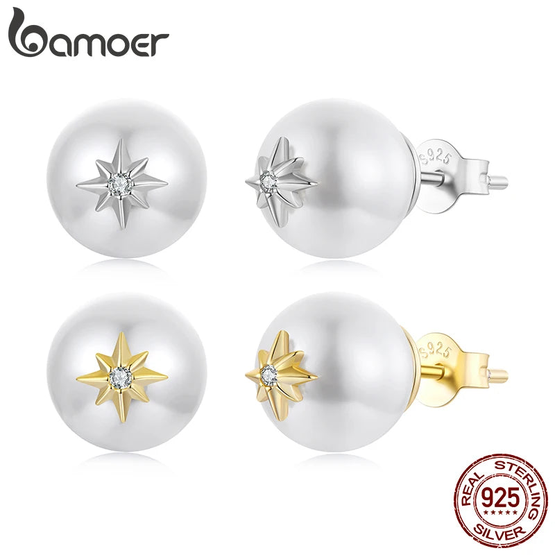 Сребърни обеци BAMOER 925 с перлени звезди, кръгли, изящни обеци за жени, елегантни, за ежедневни подаръци от 18K злато