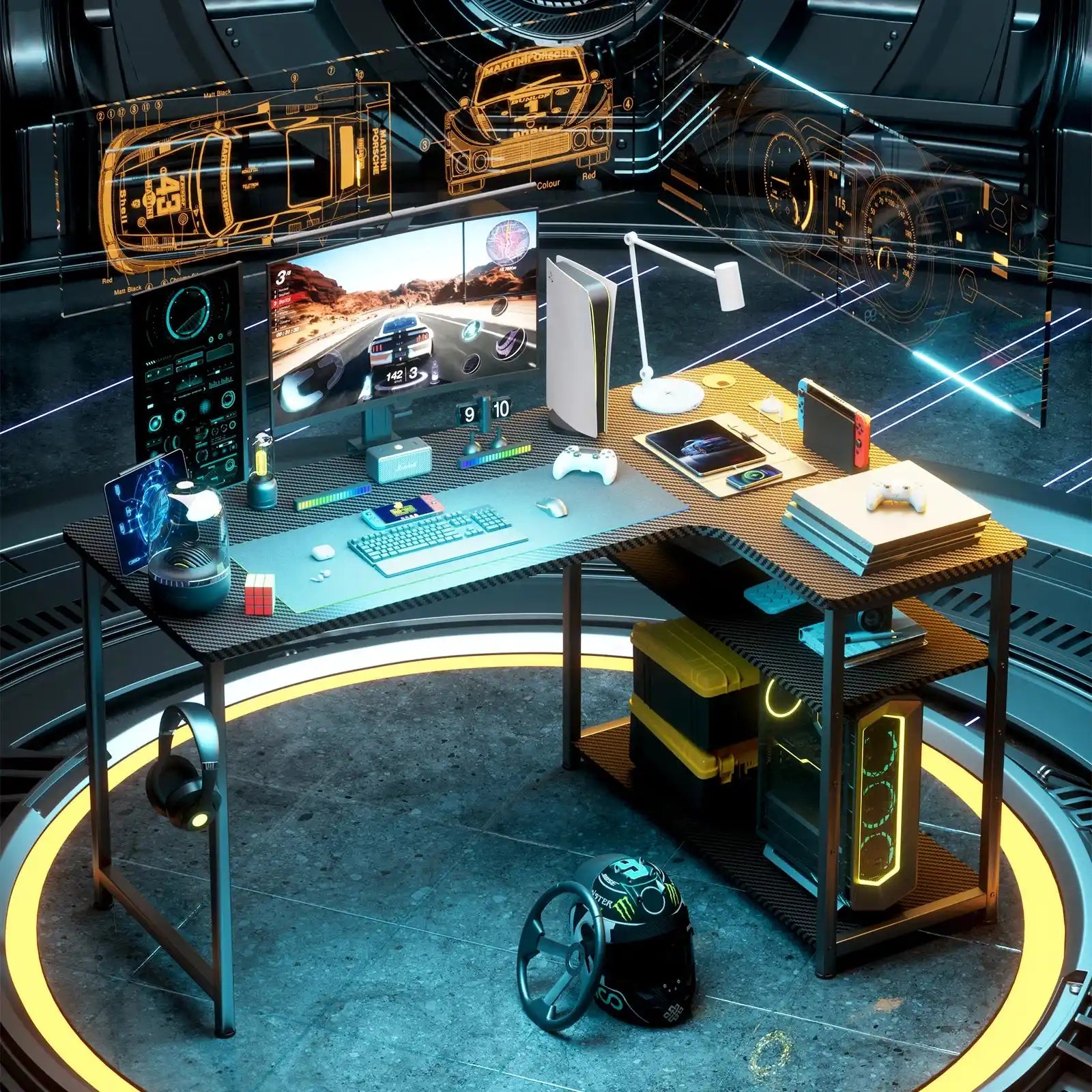 GTPLAYER Simulator Cockpit, Sim Racing Cockpit, стойка за волан за състезателен симулатор с високоговорители, волан и рафт за педали