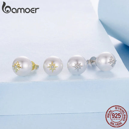 Сребърни обеци BAMOER 925 с перлени звезди, кръгли, изящни обеци за жени, елегантни, за ежедневни подаръци от 18K злато