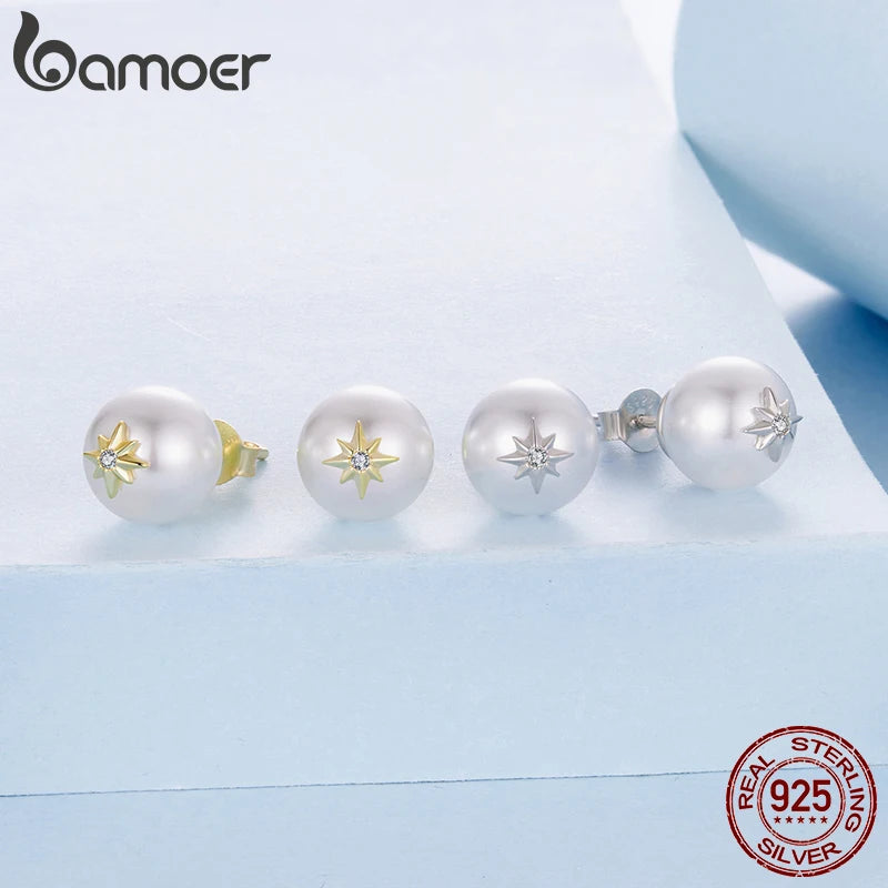 Сребърни обеци BAMOER 925 с перлени звезди, кръгли, изящни обеци за жени, елегантни, за ежедневни подаръци от 18K злато