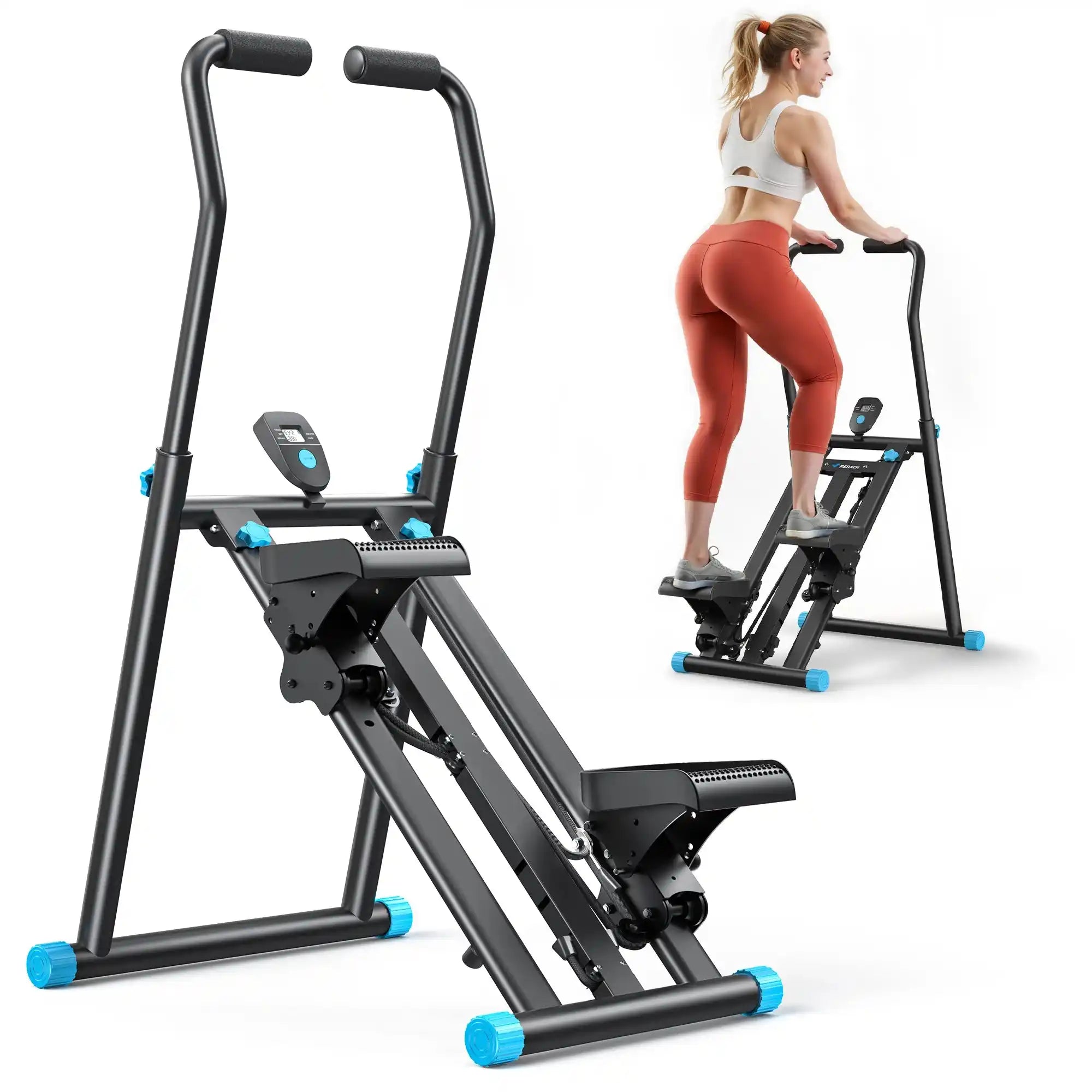 MERACH Степер за стълби, нова версия, вертикален, компактен, сгъваем, катерач за упражнения с удължен обхват на стъпалото, регулируеми кормила и педали