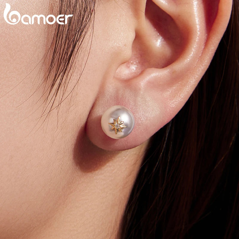 Сребърни обеци BAMOER 925 с перлени звезди, кръгли, изящни обеци за жени, елегантни, за ежедневни подаръци от 18K злато