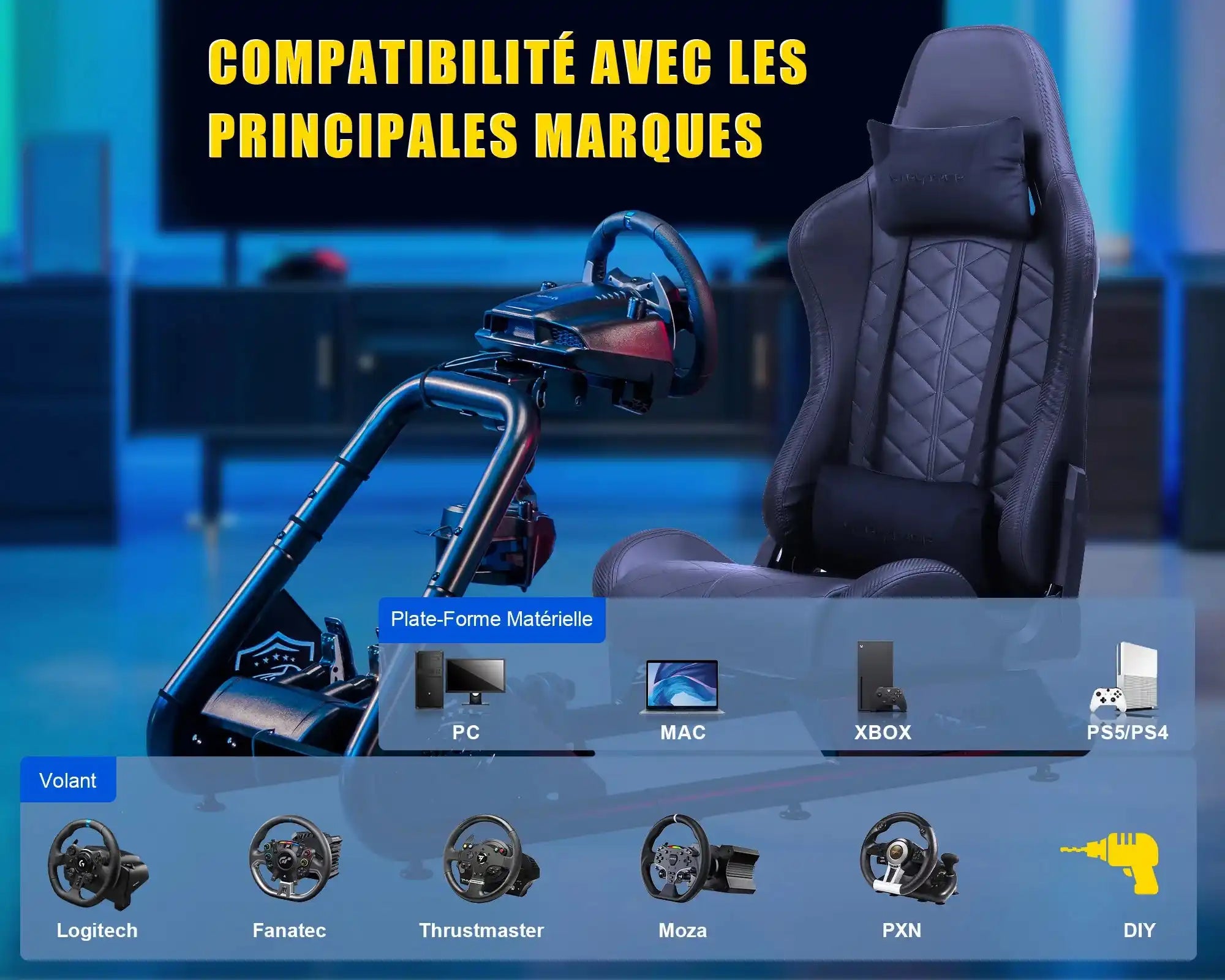 GTPLAYER Simulator Cockpit, Sim Racing Cockpit, стойка за волан за състезателен симулатор с високоговорители, волан и рафт за педали