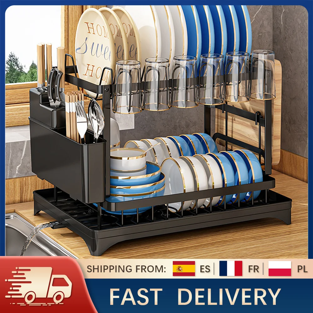 2-слойна стойка за сушене на съдове с дъска за отцеждане, домакински държач за съхранение на съдове, кухненски органайзер за мивка от въглеродна стомана с държач за прибори за хранене