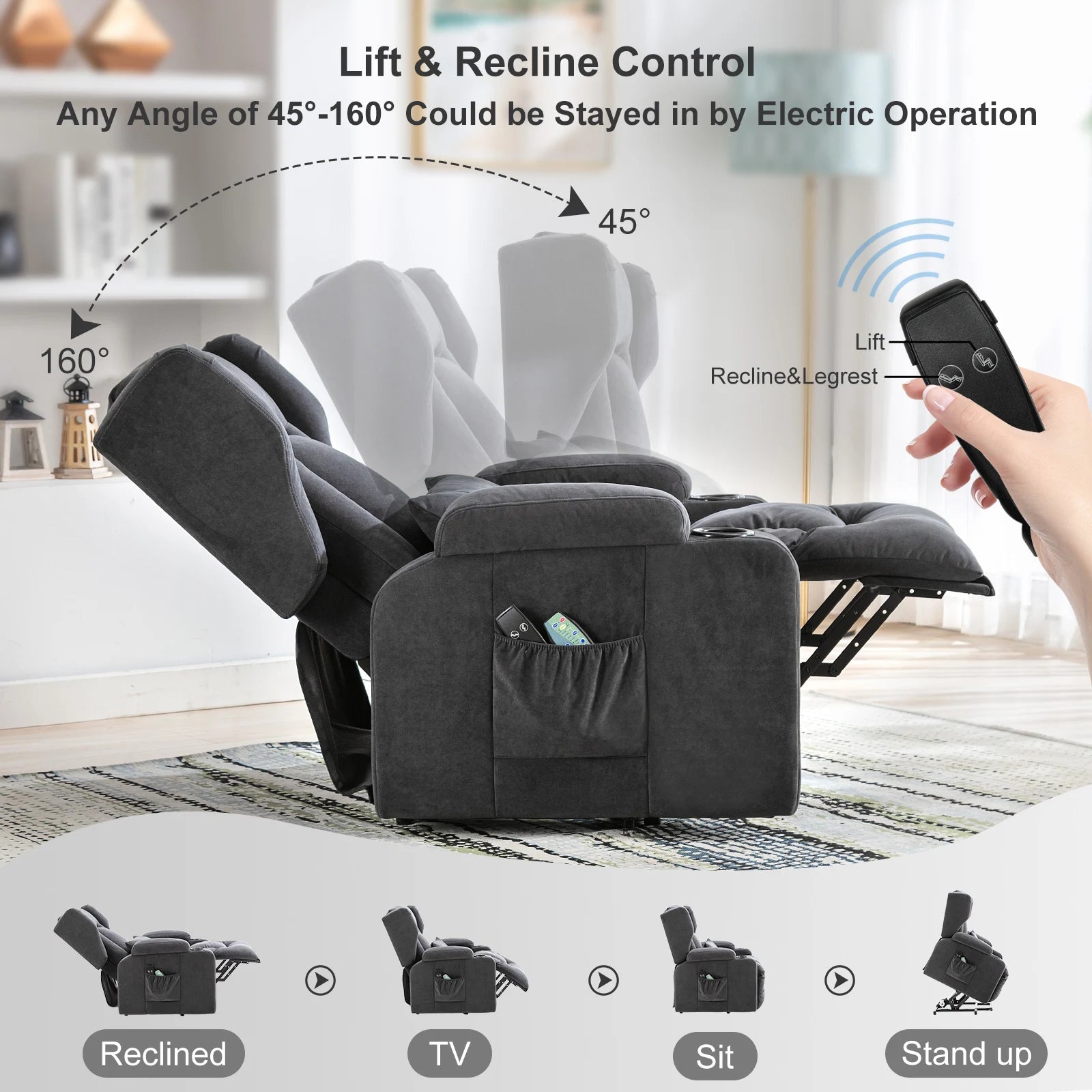COMHOMA Релакс фотьойл, Масажен фотьойл с плат, Електрически ТВ фотьойл с функция за накланяне, Стоящ фотьойл
