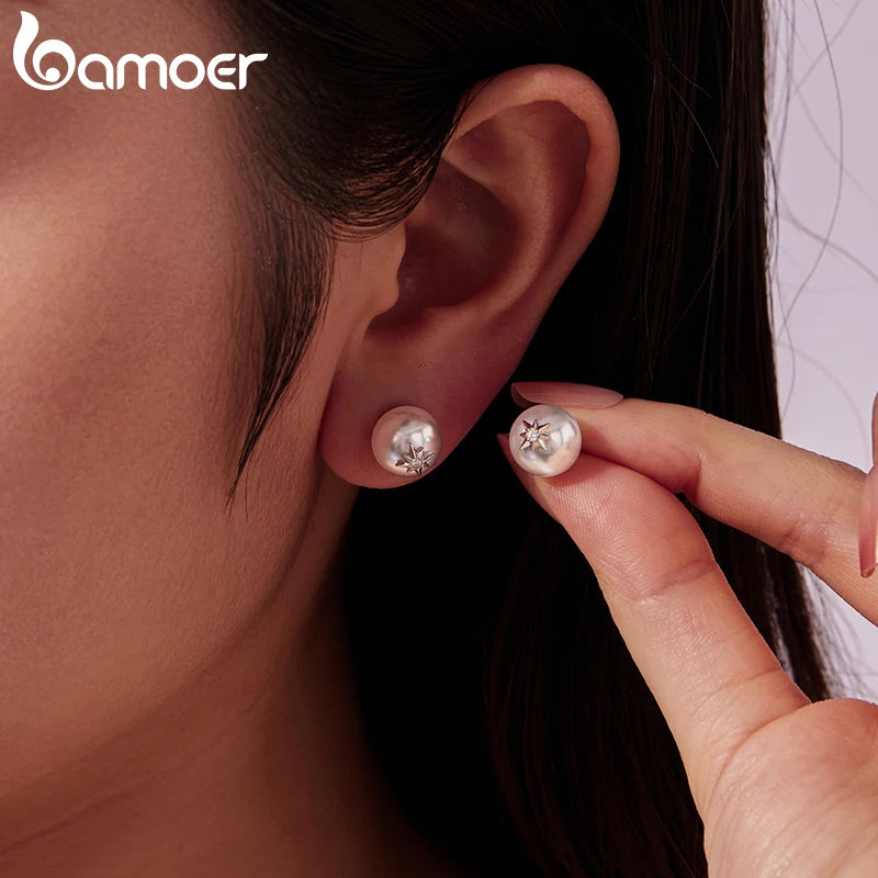Сребърни обеци BAMOER 925 с перлени звезди, кръгли, изящни обеци за жени, елегантни, за ежедневни подаръци от 18K злато