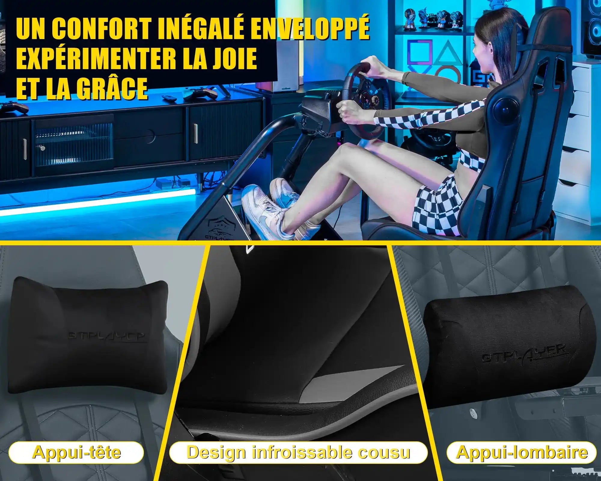 GTPLAYER Simulator Cockpit, Sim Racing Cockpit, стойка за волан за състезателен симулатор с високоговорители, волан и рафт за педали