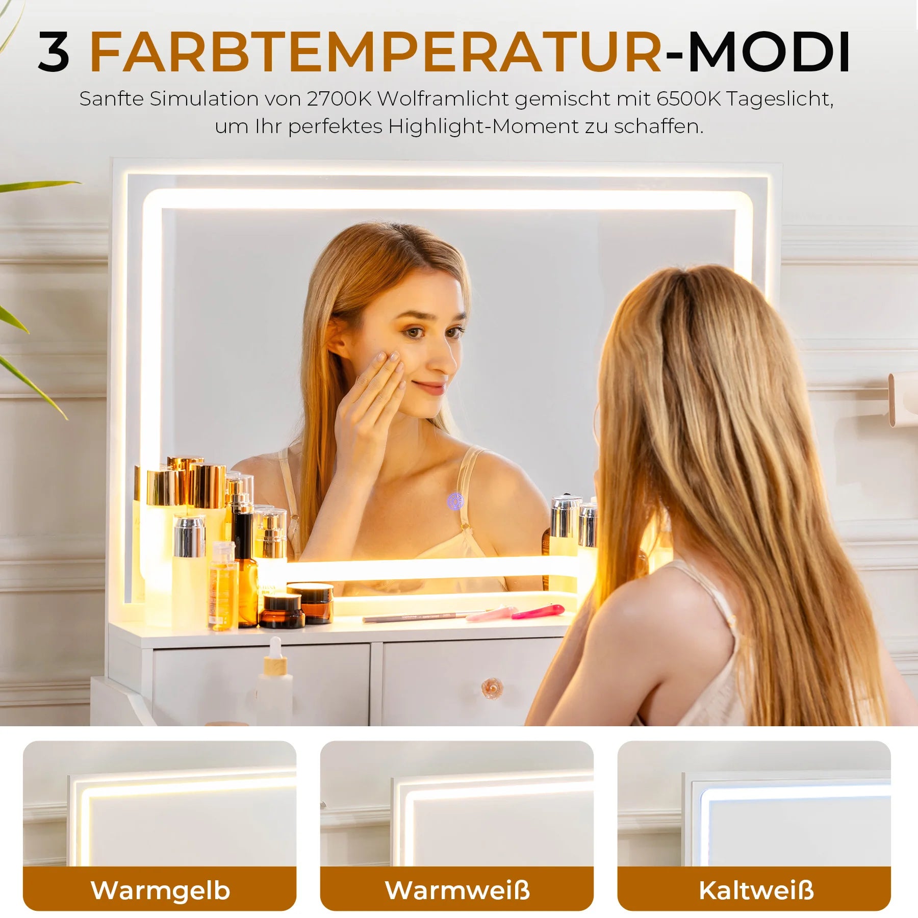 Тоалетка COMHOMA, тоалетка E с осветление и 5 чекмеджета, с регулируемо LED осветление и контакти