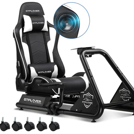 GTPLAYER Simulator Cockpit, Sim Racing Cockpit, стойка за волан за състезателен симулатор с високоговорители, волан и рафт за педали