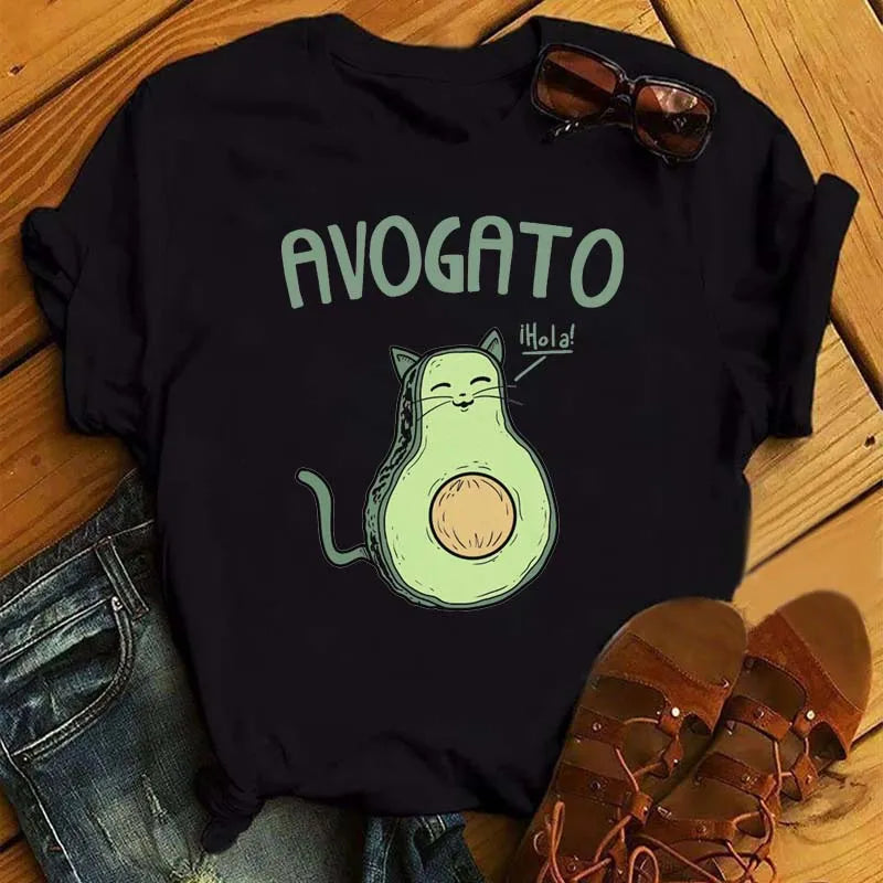 Maycaur Нови дамски тениски, летни сладки топове с щампа на авокадо, дамска тениска с къс ръкав, бяла тениска за дами, ежедневни топове