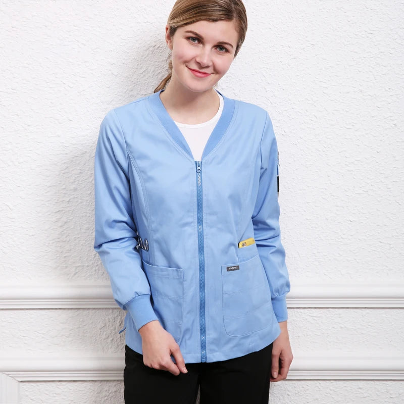 Унисекс работно яке, връхно палто, униформа за медицински сестри, леки плетени маншети, туника с цип отпред 19JK001