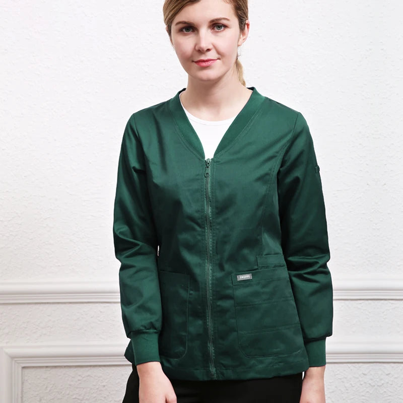 Унисекс работно яке, връхно палто, униформа за медицински сестри, леки плетени маншети, туника с цип отпред 19JK001