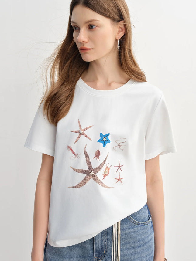 DUSHU Дамска тениска с морски елемент, декорирана с миди, 2025, ново пристигане, моден, универсален, тънък, ежедневен топ