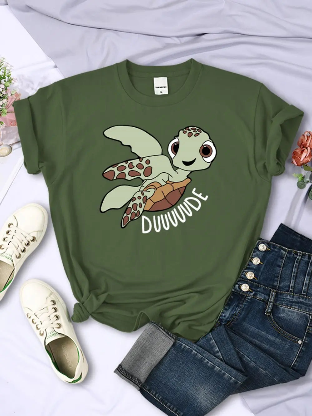 Прости дамски тениски, сладки анимационни костенурки с букви, щампи, топове с О-образно деколте, удобни меки тениски, летни ежедневни дамски дрехи