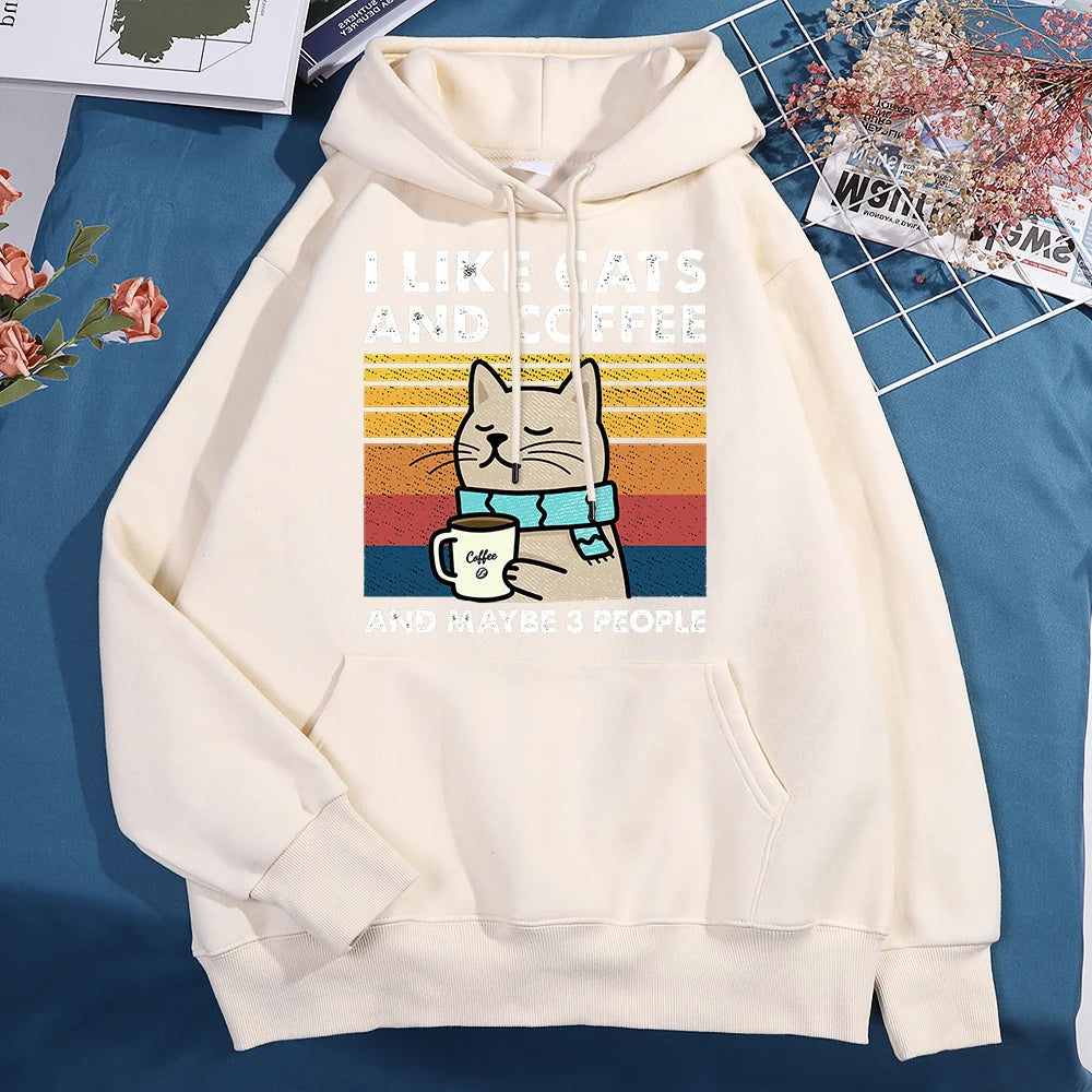 Харесвам котки и кафе суитчъри за мъже, жени, модни дрехи с кръгло деколте, свободни полар, нови суитчъри с качулки, уличен пуловер, мъжки суитчър
