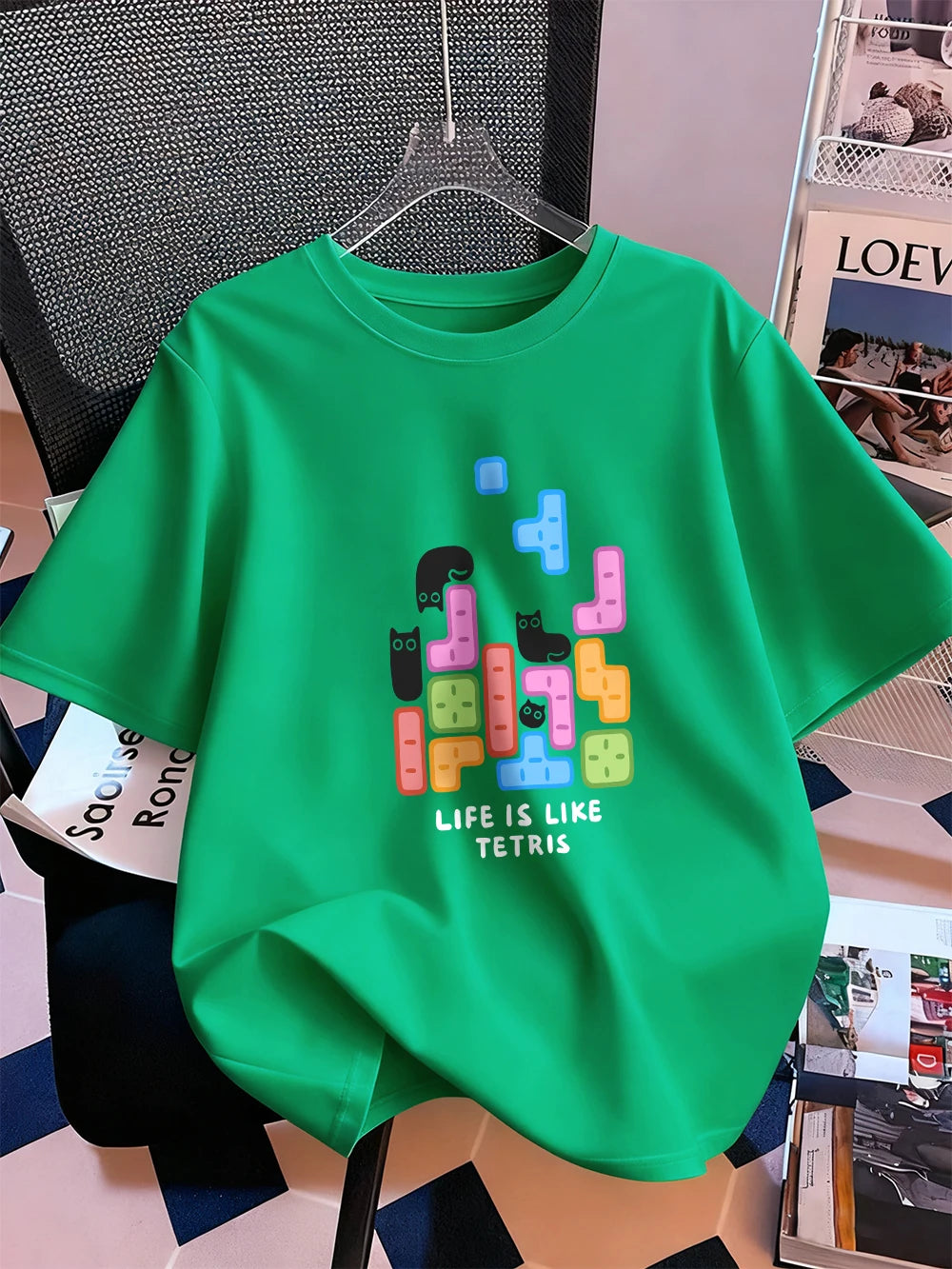 Животът е като тениска с щампа на тетрис, дамска памучна лятна тениска с къс ръкав, широка мека тениска с О-образно деколте, ежедневни дамски дрехи