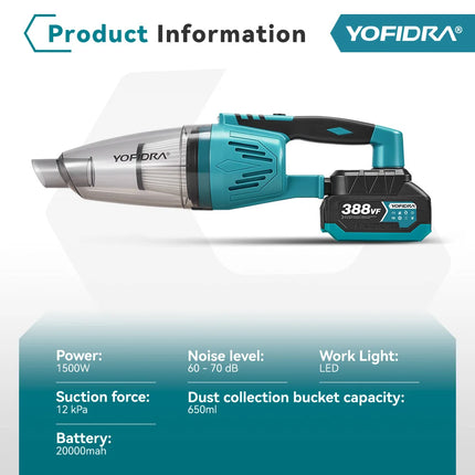 YOFIDRA 1500W 4IN1 Електрическа прахосмукачка 12KPA Безжична прахосмукачка Инструменти за почистване на автомобили с 3 филтъра за батерия Makita