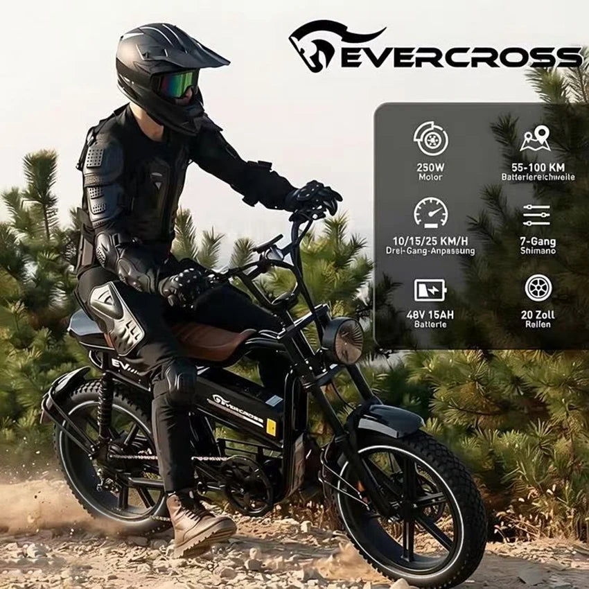 EVERCROSS TECH EK30 Електрически велосипед за възрастни, електрическа кола, гуми 20"x4.0, мотор 250W, скорост 25 км/ч, автономия 100 км