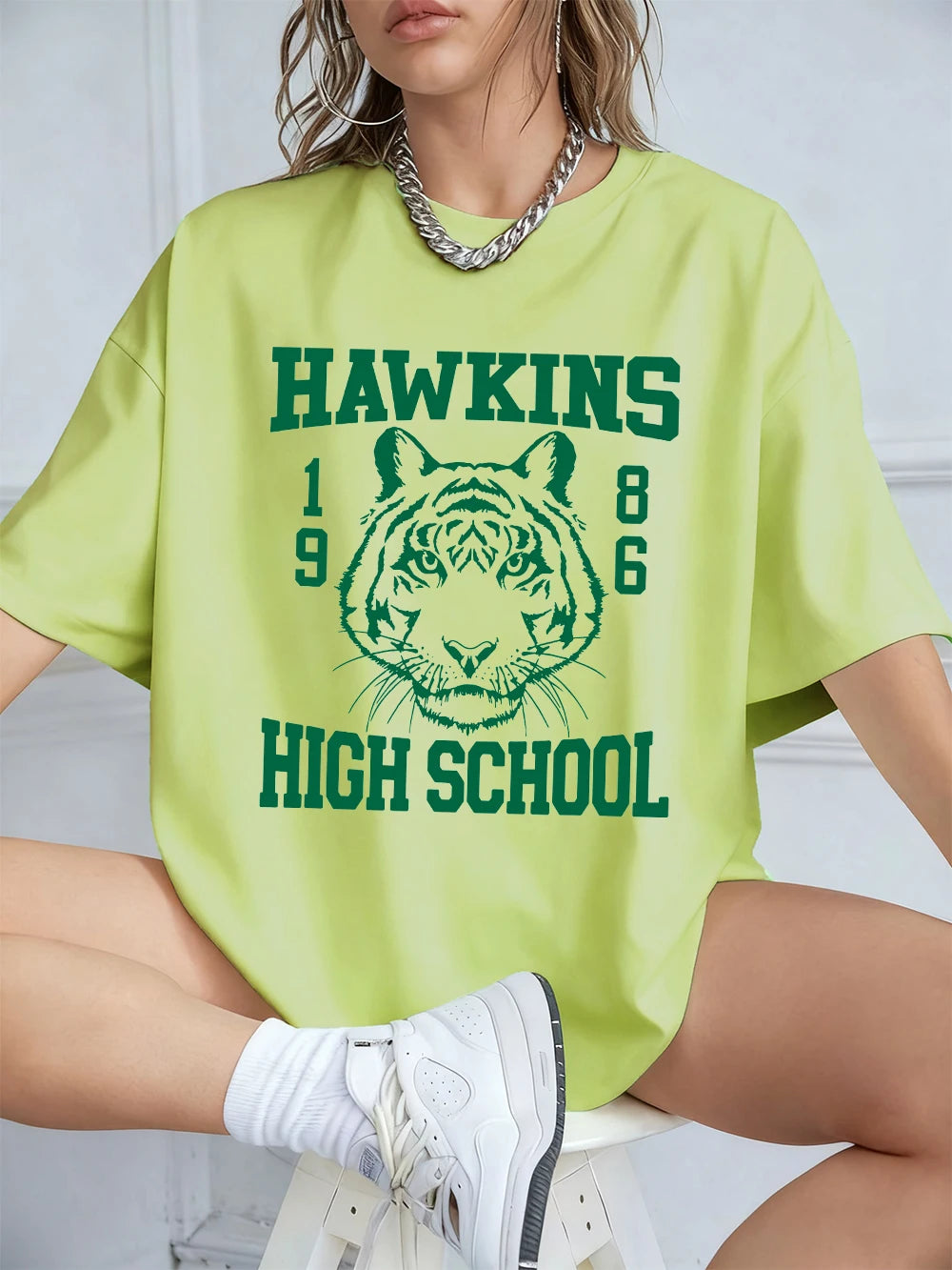 Памучни тениски с щампи на Hawkins за жени, летни топове с къс ръкав, улична тениска с О-образно деколте, големи размери, ежедневни дамски дрехи