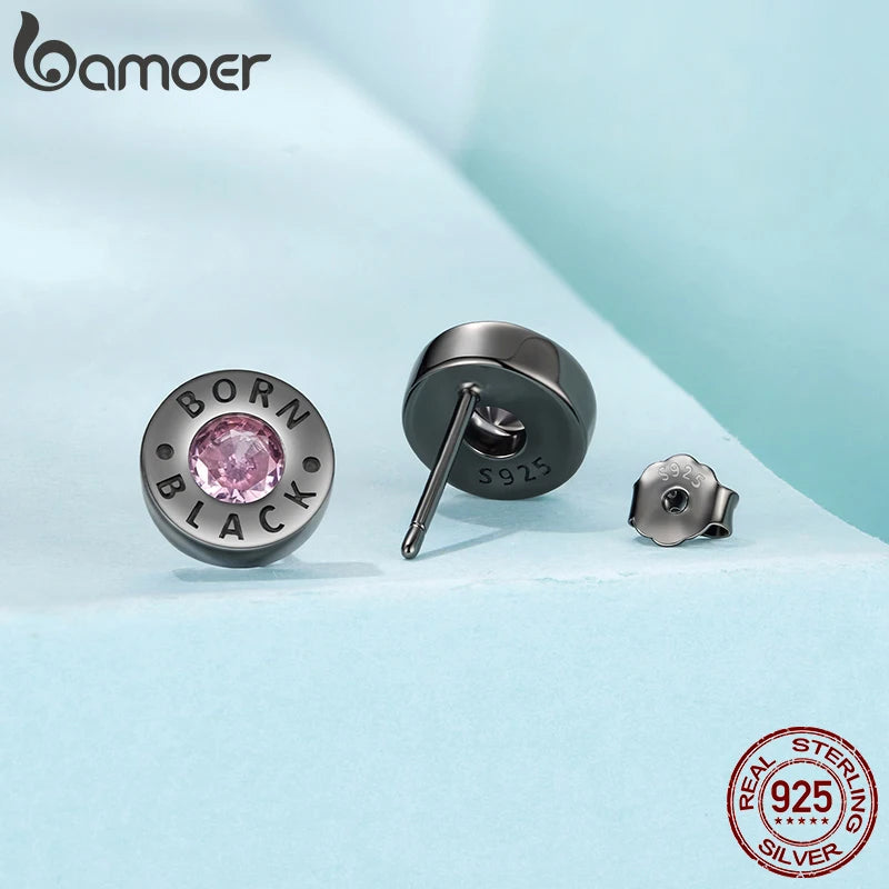 BAMOER Сребърни обеци 925, кръгли, черни, с розов циркон, хипоалергенни, за жени и момичета, пънк парти подарък