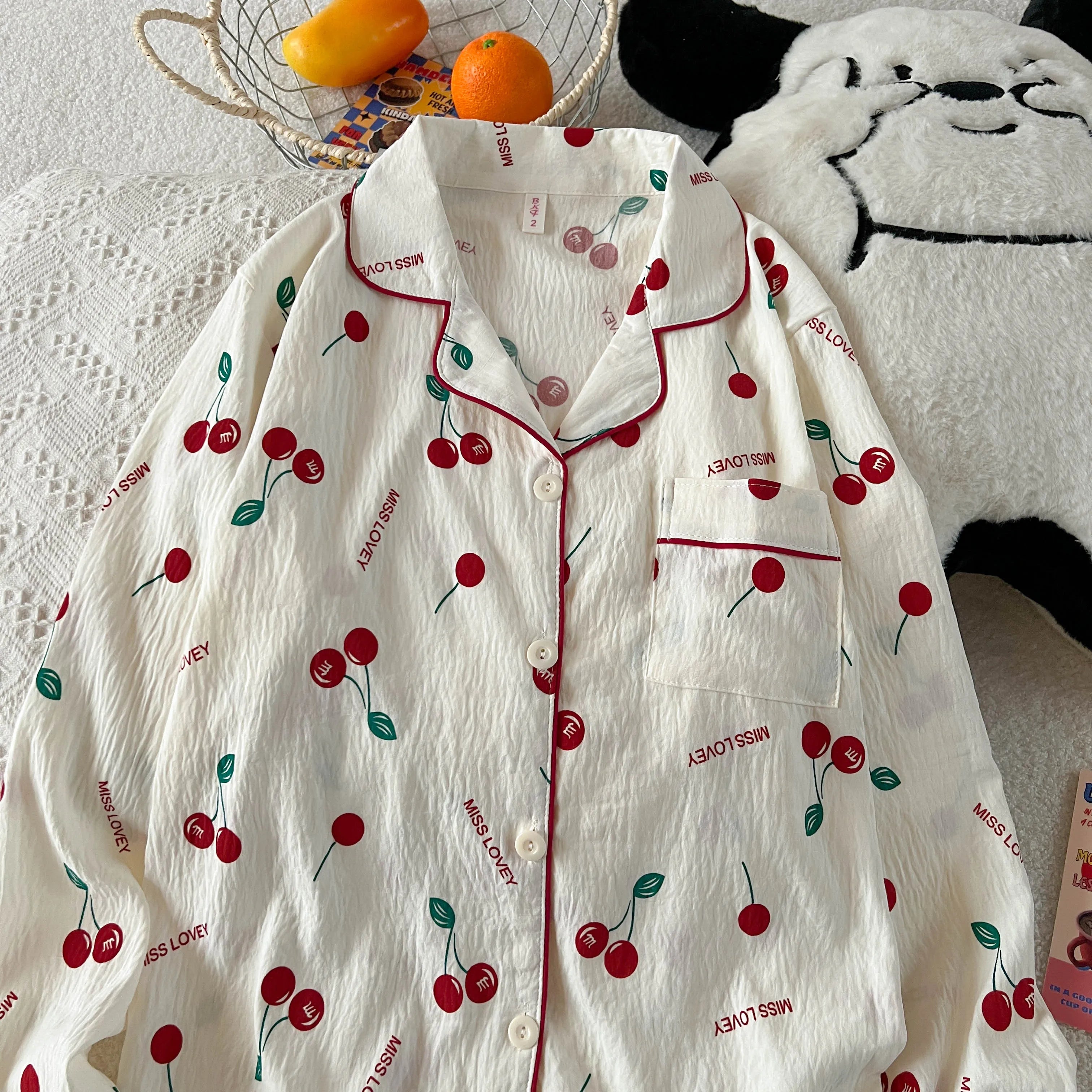 Дамски пижамен комплект с черешов принт, есенно-пролетен кариран принт, домашен комплект с дълъг ръкав, жилетка и панталон