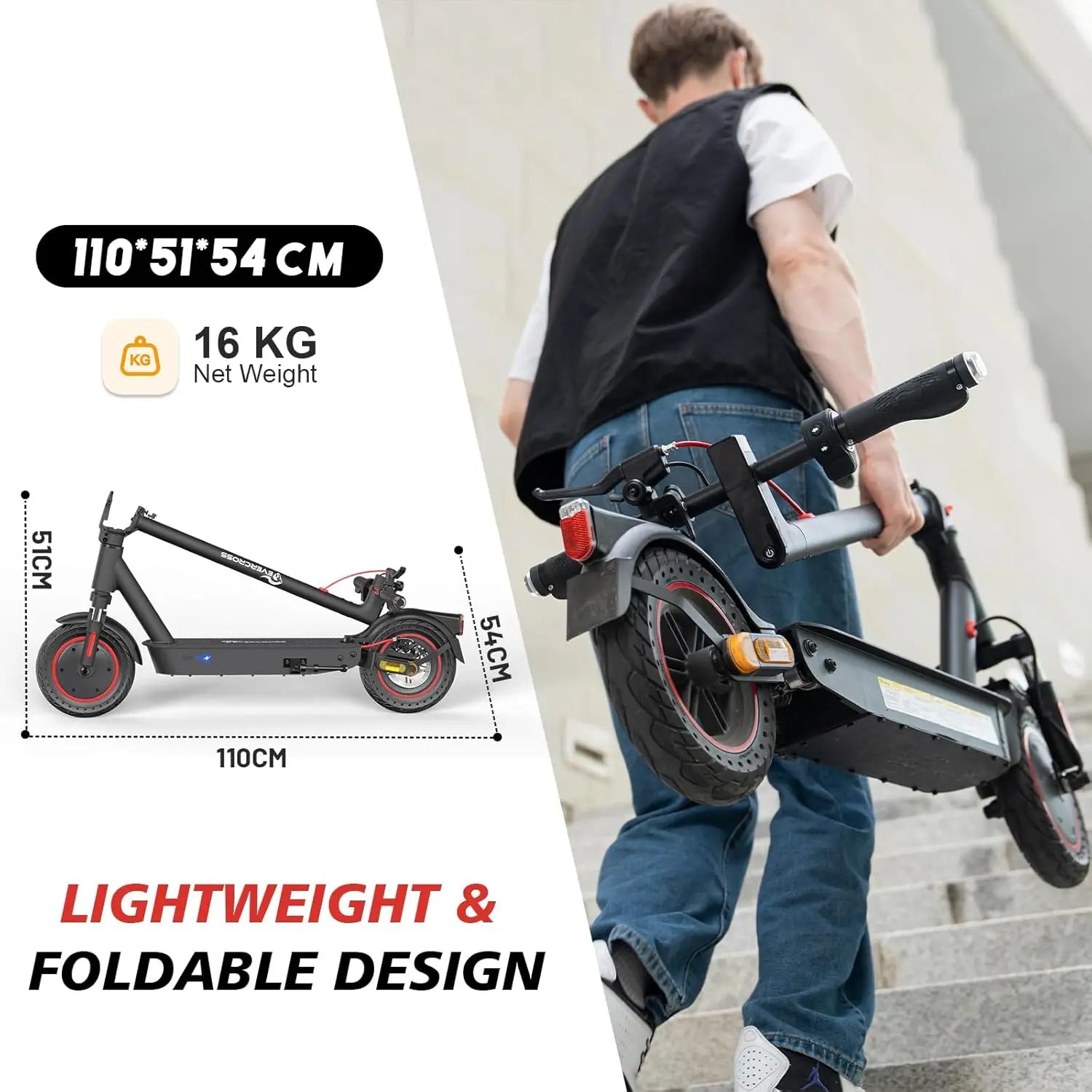 Електрическа тротинетка EVERCROSS TECH EV10K Pro за възрастни, 10 инча, сгъваема, управление чрез приложение, 500W мотор, батерия 410WH