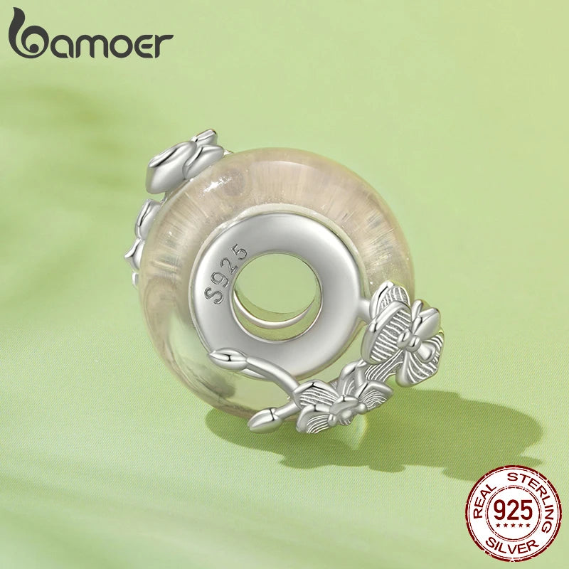 Bamoer 925 стерлингово сребро висулка син лотос растение розово цвете мурански мъниста силиконов дистанционер за жени DIY бижута пролетен подарък