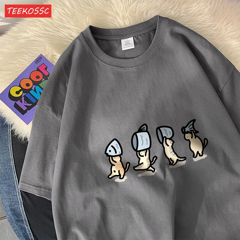 Четири малки котки, държащи рибен памук, дамски тениски с анимационни принтове, меки тениски с О-образно деколте, широки топове с къс ръкав, летни дрехи