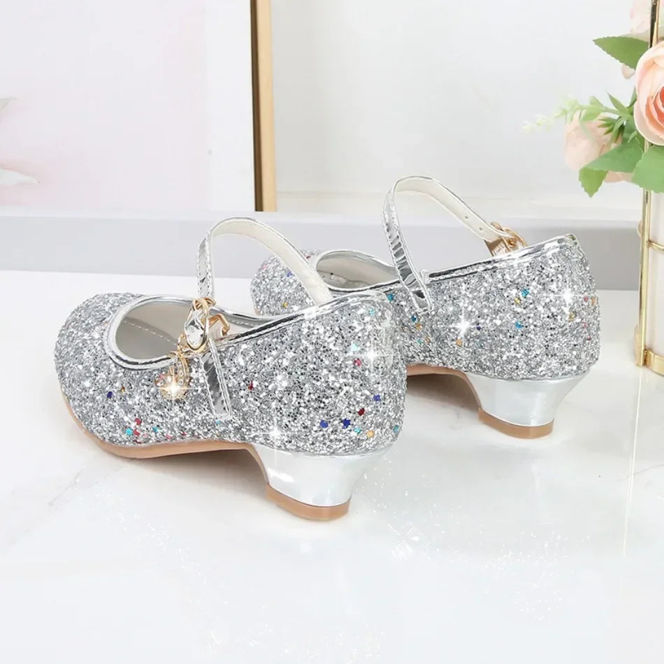 Момичешки обувки, детски сандали с висок ток и блясък, кристали, модни катарами, детски принцесни танцови обувки, ученически кожени обувки