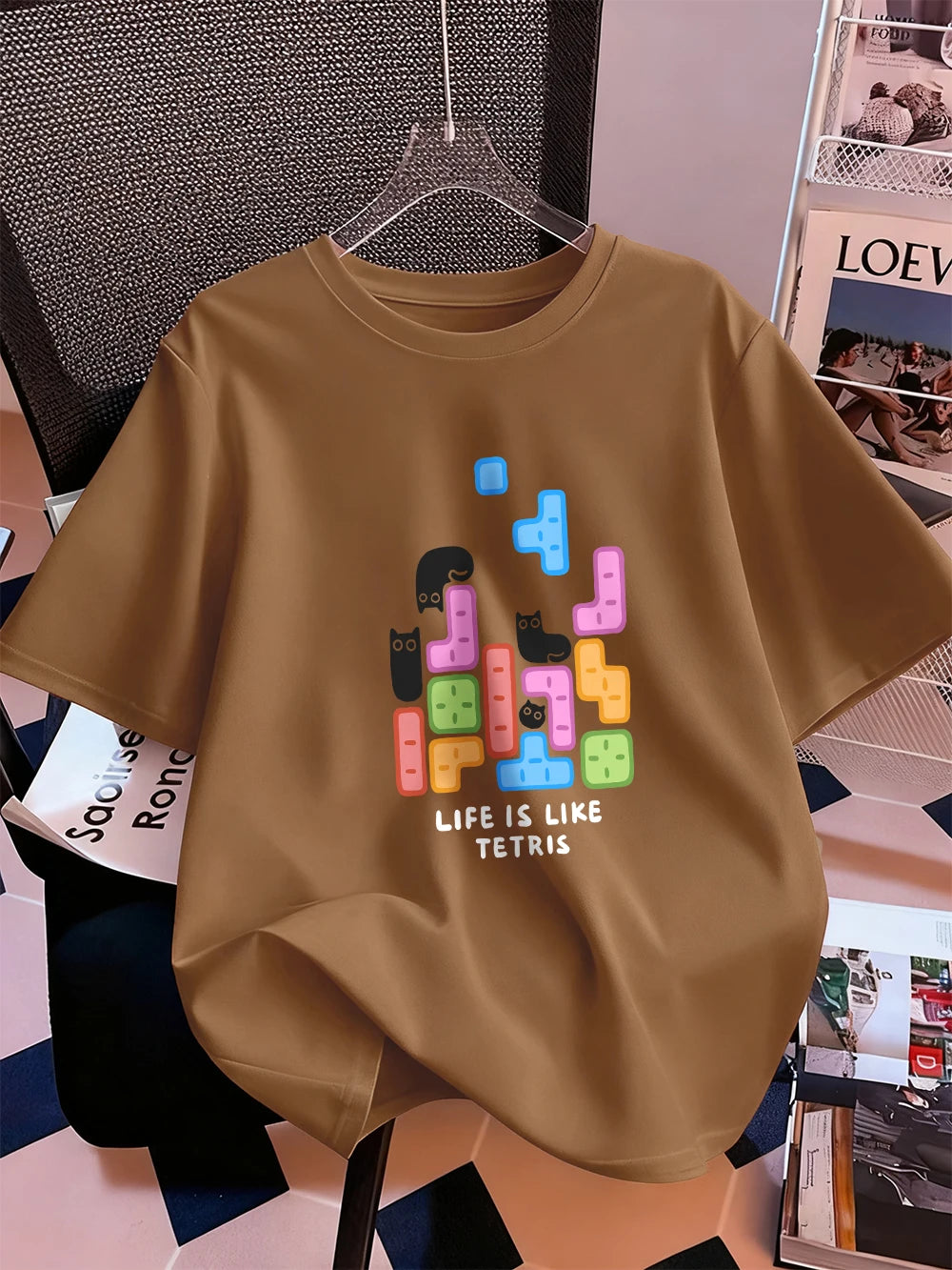 Животът е като тениска с щампа на тетрис, дамска памучна лятна тениска с къс ръкав, широка мека тениска с О-образно деколте, ежедневни дамски дрехи