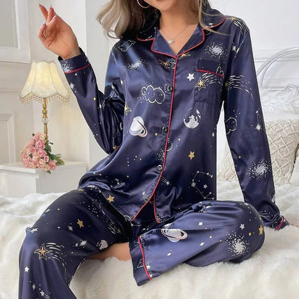 Дамски сатенени пижами, ежедневни пижами, домашни дрехи, костюми, есенни, с дълъг ръкав, топ и панталон с копчета, нощно облекло, домашен пижамен костюм, женска пижама