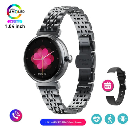 1.04 инчов AMOLED екран, моден дамски смарт часовник, екран, винаги показващ Bluetooth повиквания, смарт часовник с метално тяло, малък екран