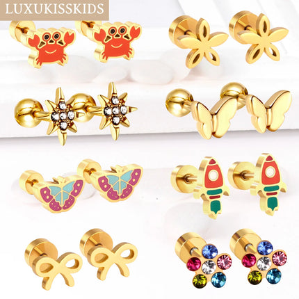 LUXUKISSKIDS Момичешки обеци от неръждаема стомана с череша, малки, семпли, модни, сладки цветни обеци, бижута с пеперуда и панделка