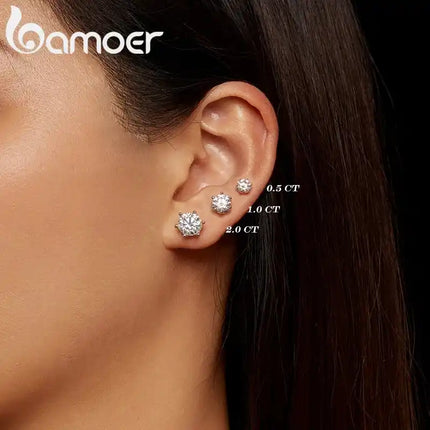 Класически обеци BAMOER с моасанит, сребро S925, 6 зъба, цвят D, кръгло шлифовано, лабораторно създадени диаманти, сватбени обеци от 18k злато