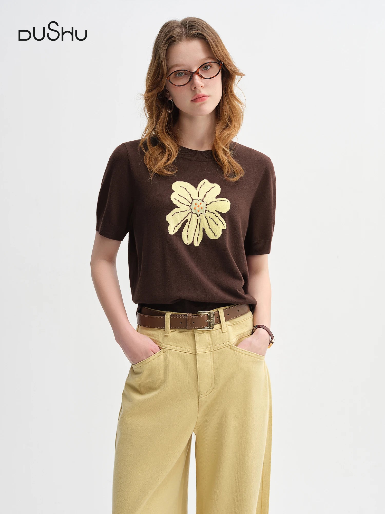 DUSHU Есен 2025 Флорален плетен топ - Ежедневна блуза с къс ръкав, Дамска ежедневна тениска с меки шарки