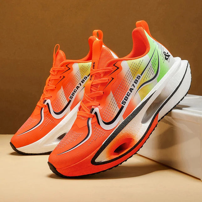 Унисекс леки дишащи маратонки - амортизираща и износоустойчива технология, комбинация от цветове бяло/синьо/оранжево, нисък мрежест дизайн, подходящи за маратон, спринт и ежедневно носене - всесезонни маратонки с F