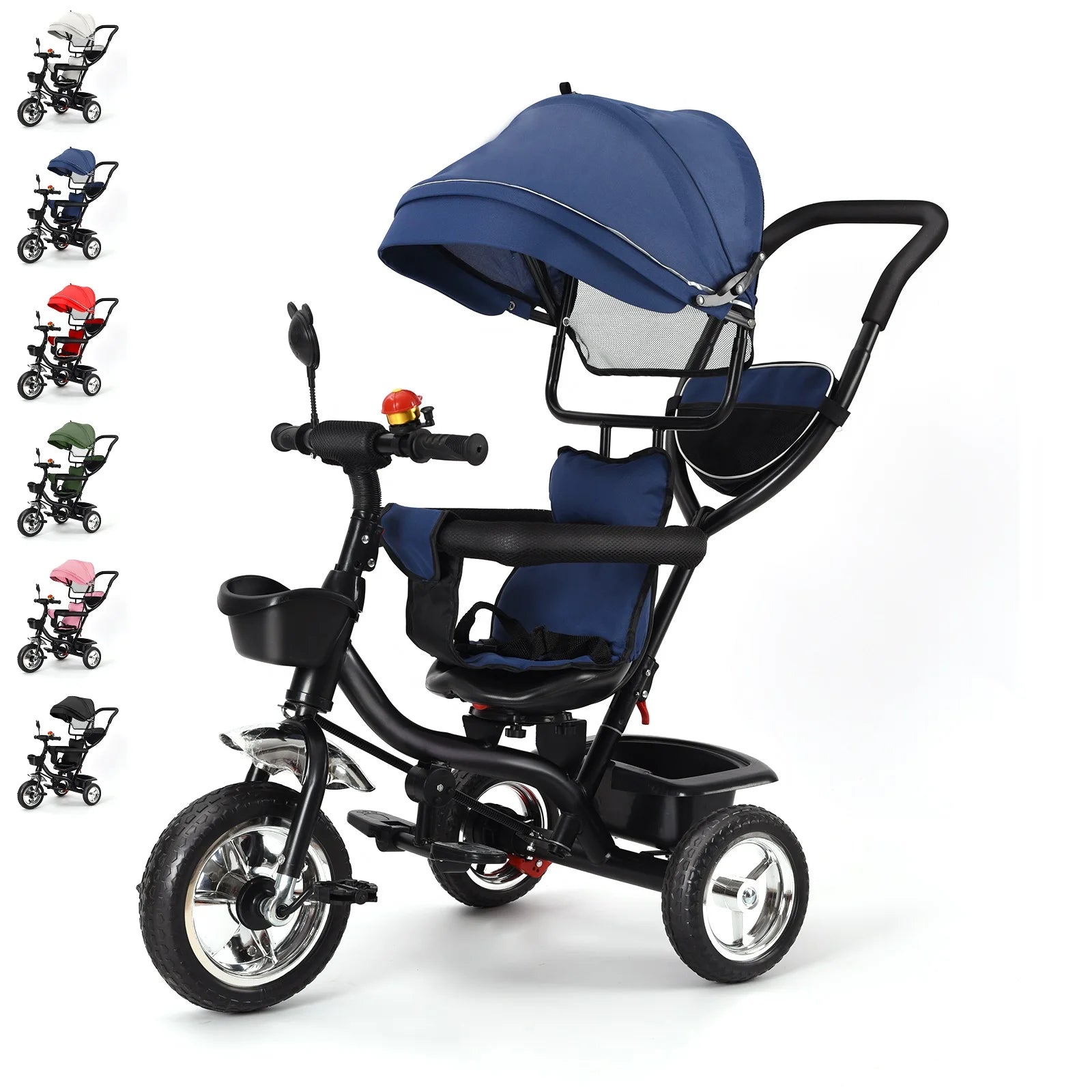 Мащабируема бебешка триколка от 1 до 5 години, велосипед за възрастни хора плюс деца, обръщаема седалка, голяма кошница и чанта, по-големи колела, с дръжка за притискане, зелено/розово/черно/червено/синьо/сиво