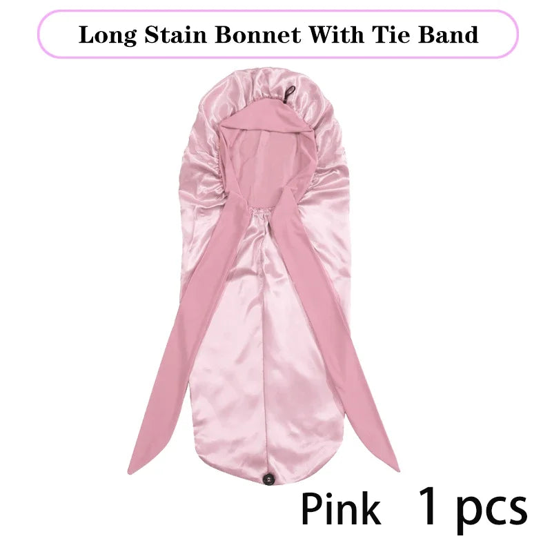 Дълга сатенена шапка, едноцветна, екстра голяма шапка за сън с дълга връзка, за коса за чернокожи жени, шапка за грижа за косата, за всички типове коса