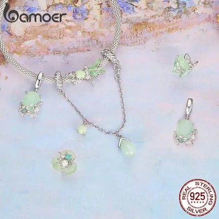BAMOER Плътно сребро 925, зелено импресия, талисман „Водно конче“, подходящ за оригинална гривна „Направи си сам“ за бижута, аксесоари, мъниста bamoer