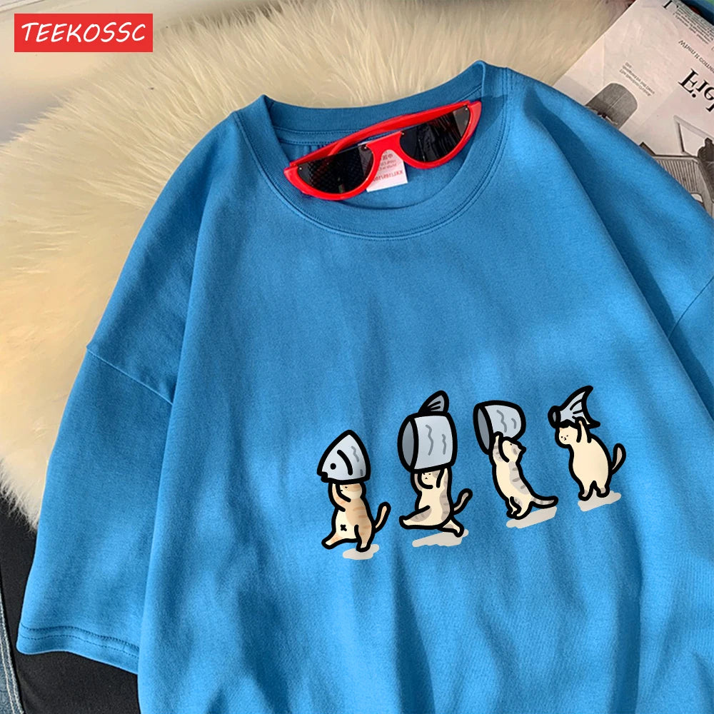 Четири малки котки, държащи рибен памук, дамски тениски с анимационни принтове, меки тениски с О-образно деколте, широки топове с къс ръкав, летни дрехи