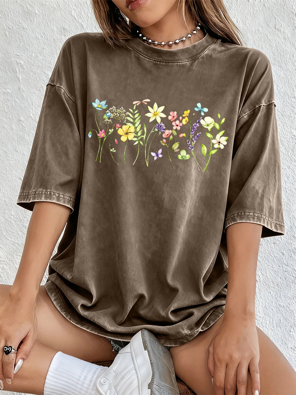 Памучни тениски с принтове „Цветя привличат водни кончета“, жени, летни, големи топове, мека тениска с О-образно деколте, ежедневни дрехи